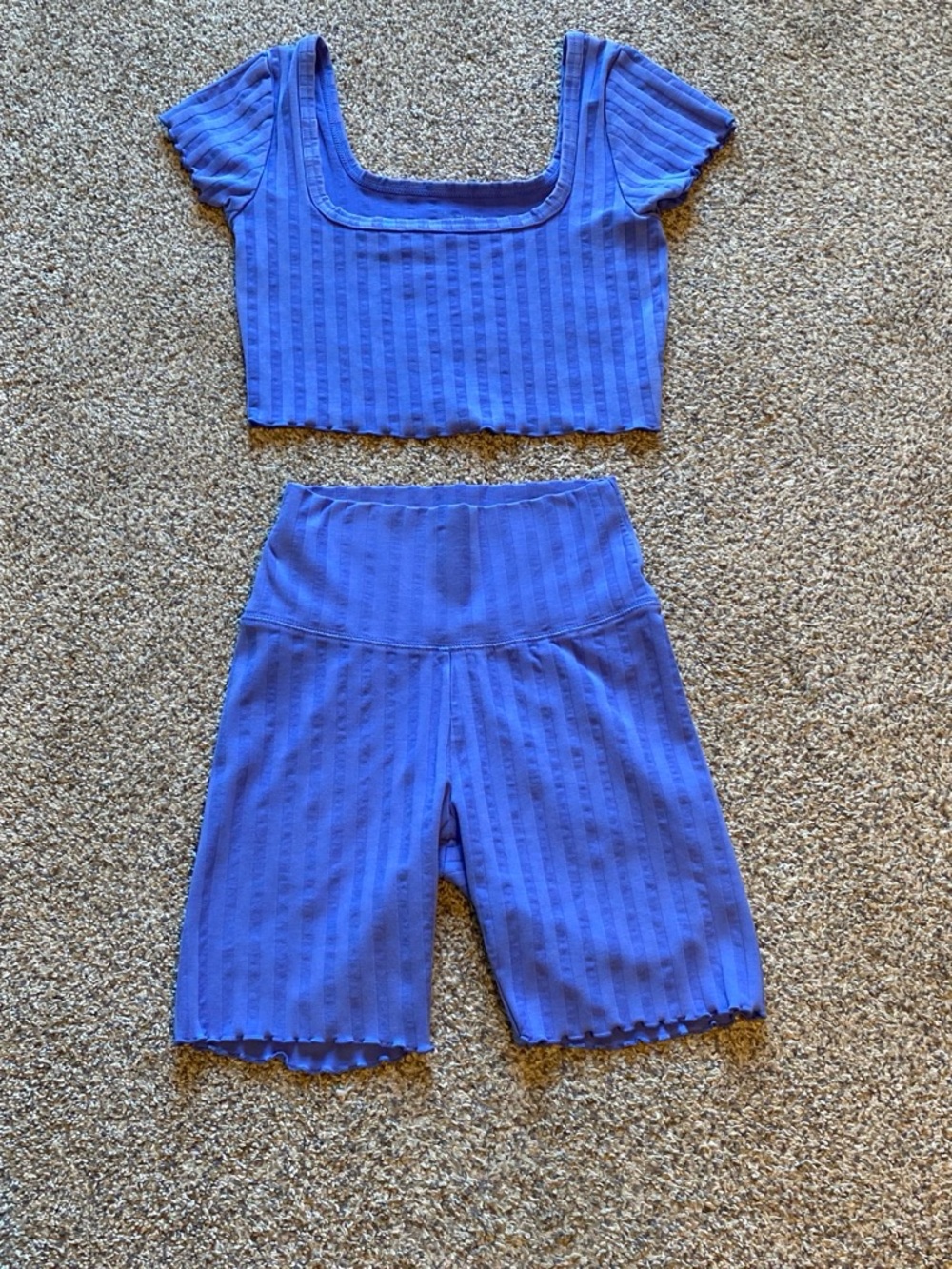 Aerie Women’s Blue Ribbed Square-Neck Crop Top and Matching Biker Shorts Size S